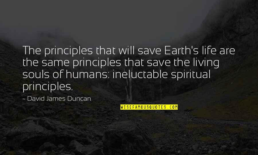 Spiritual Principles Quotes By David James Duncan: The principles that will save Earth's life are Spiritual Principles Quotes By David James Duncan: The principles that will save Earth's life are
