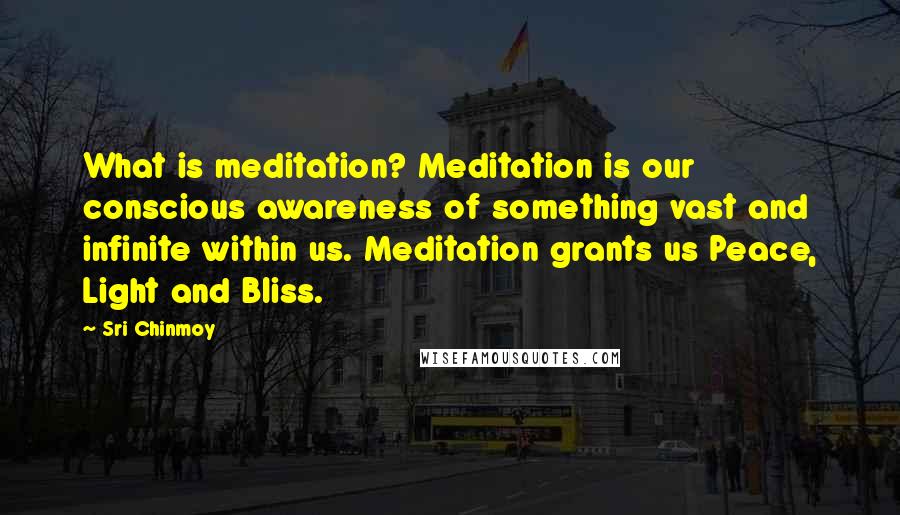 Sri Chinmoy quotes: What is meditation? Meditation is our conscious awareness of something vast and infinite within us. Meditation grants us Peace, Light and Bliss. Sri Chinmoy quotes: What is meditation? Meditation is our conscious awareness of something vast and infinite within us. Meditation grants us Peace, Light and Bliss.