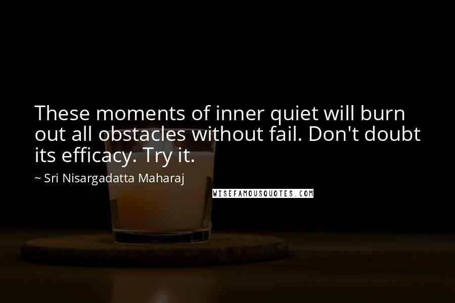 Sri Nisargadatta Maharaj quotes: These moments of inner quiet will burn out all obstacles without fail. Don't doubt its efficacy. Try it. Sri Nisargadatta Maharaj quotes: These moments of inner quiet will burn out all obstacles without fail. Don't doubt its efficacy. Try it.