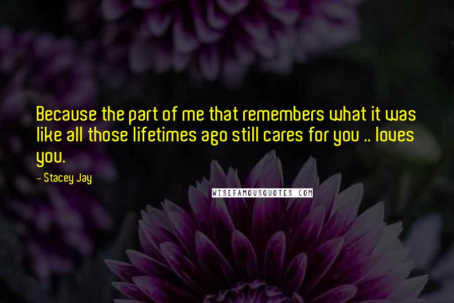 Stacey Jay quotes: Because the part of me that remembers what it was like all those lifetimes ago still cares for you .. loves you.