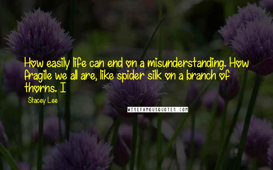 Stacey Lee quotes: How easily life can end on a misunderstanding. How fragile we all are, like spider silk on a branch of thorns. I