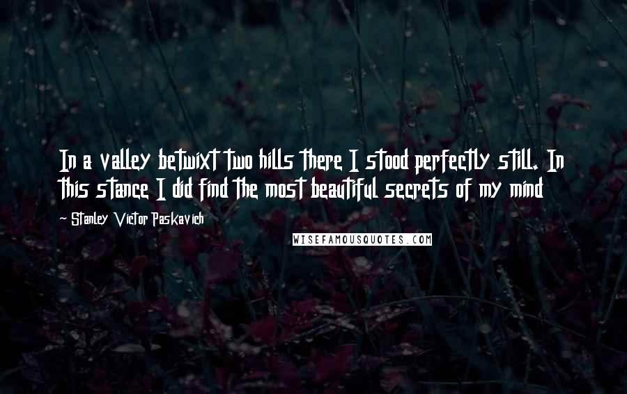 Stanley Victor Paskavich quotes: In a valley betwixt two hills there I stood perfectly still. In this stance I did find the most beautiful secrets of my mind