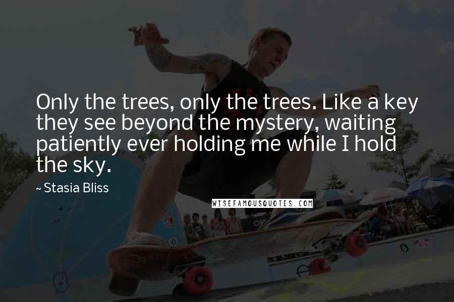 Stasia Bliss quotes: Only the trees, only the trees. Like a key they see beyond the mystery, waiting patiently ever holding me while I hold the sky. Stasia Bliss quotes: Only the trees, only the trees. Like a key they see beyond the mystery, waiting patiently ever holding me while I hold the sky.