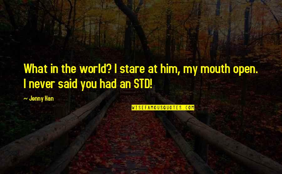 Std Quotes By Jenny Han: What in the world? I stare at him,