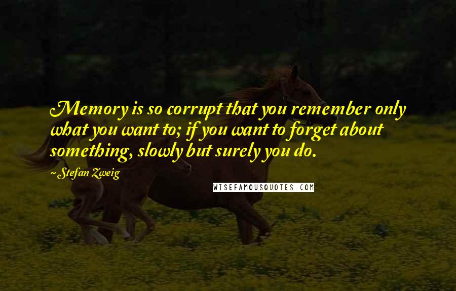 Stefan Zweig quotes: Memory is so corrupt that you remember only what you want to; if you want to forget about something, slowly but surely you do.