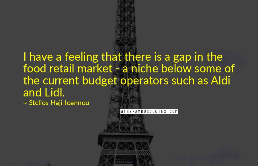 Stelios Haji-Ioannou quotes: I have a feeling that there is a gap in the food retail market - a niche below some of the current budget operators such as Aldi and Lidl. Stelios Haji-Ioannou quotes: I have a feeling that there is a gap in the food retail market - a niche below some of the current budget operators such as Aldi and Lidl.