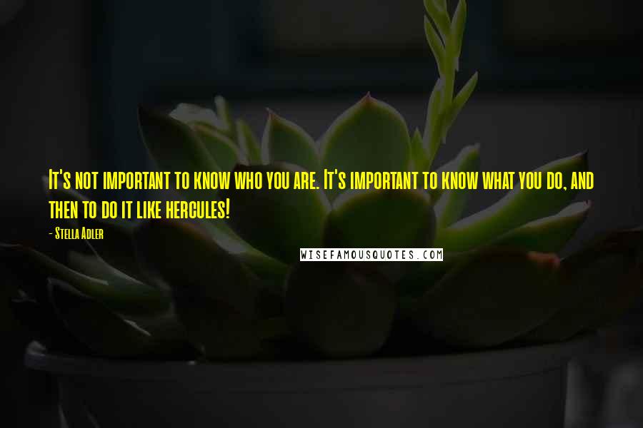 Stella Adler quotes: It's not important to know who you are. It's important to know what you do, and then to do it like hercules!