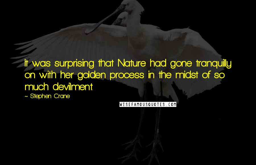 Stephen Crane quotes: It was surprising that Nature had gone tranquilly on with her golden process in the midst of so much devilment. Stephen Crane quotes: It was surprising that Nature had gone tranquilly on with her golden process in the midst of so much devilment.