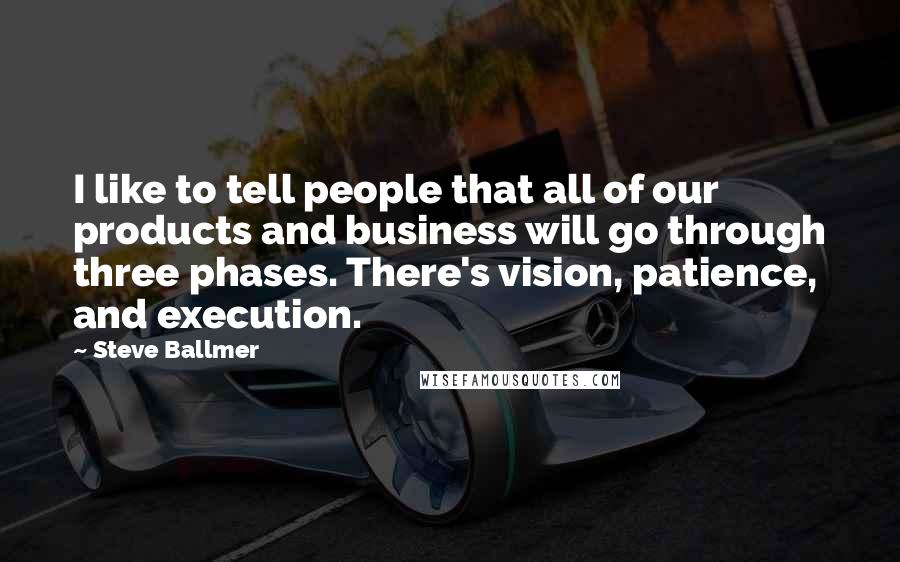 Steve Ballmer quotes: I like to tell people that all of our products and business will go through three phases. There's vision, patience, and execution. Steve Ballmer quotes: I like to tell people that all of our products and business will go through three phases. There's vision, patience, and execution.