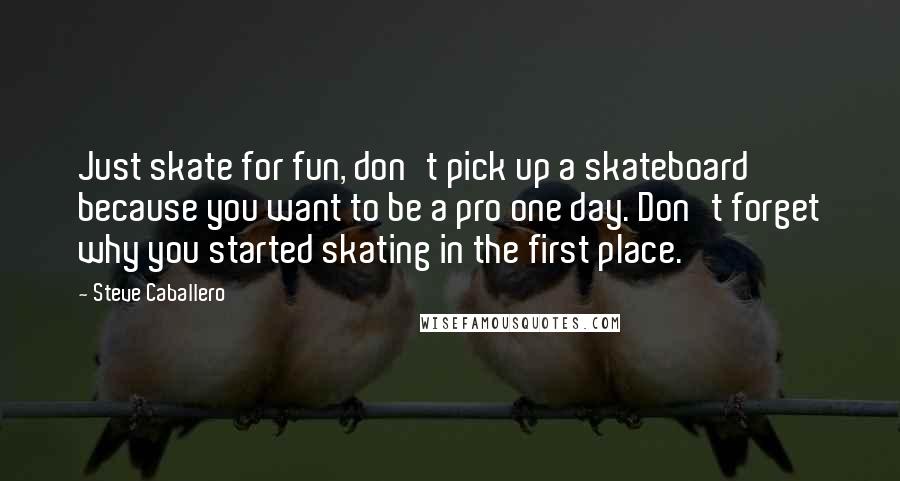 Steve Caballero quotes: Just skate for fun, don't pick up a skateboard because you want to be a pro one day. Don't forget why you started skating in the first place.