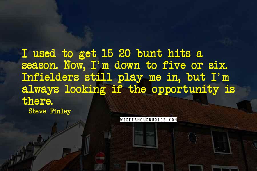 Steve Finley quotes: I used to get 15-20 bunt hits a season. Now, I'm down to five or six. Infielders still play me in, but I'm always looking if the opportunity is there.