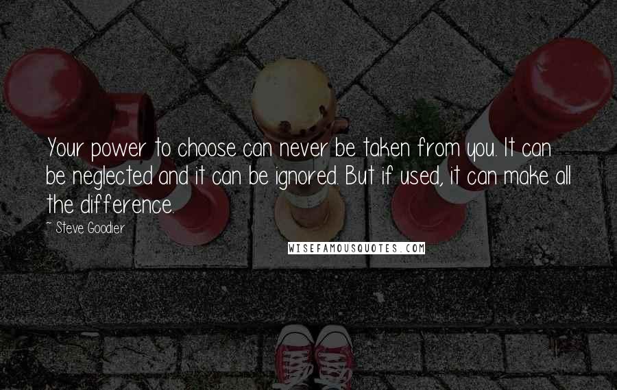 Steve Goodier quotes: Your power to choose can never be taken from you. It can be neglected and it can be ignored. But if used, it can make all the difference.