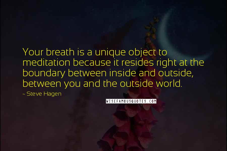 Steve Hagen quotes: Your breath is a unique object to meditation because it resides right at the boundary between inside and outside, between you and the outside world.
