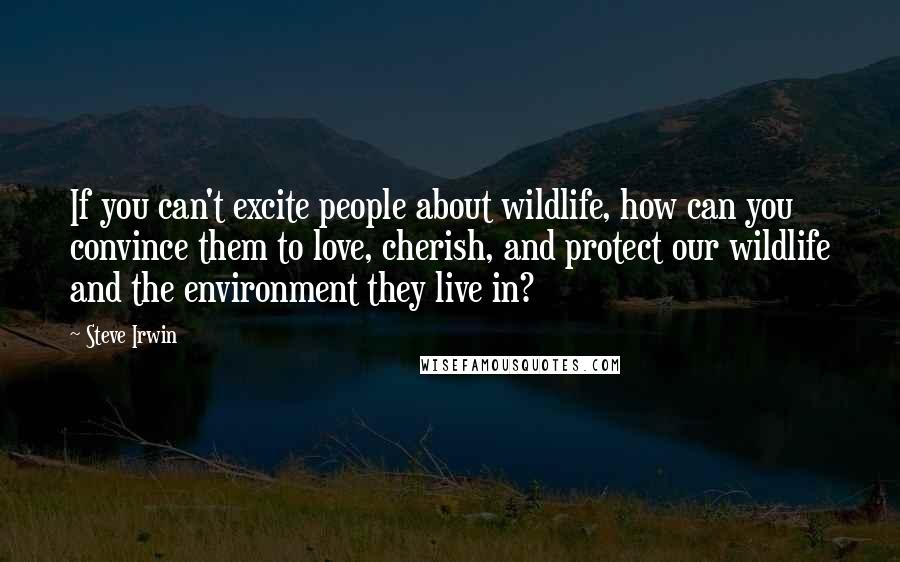 Steve Irwin quotes: If you can't excite people about wildlife, how can you convince them to love, cherish, and protect our wildlife and the environment they live in?