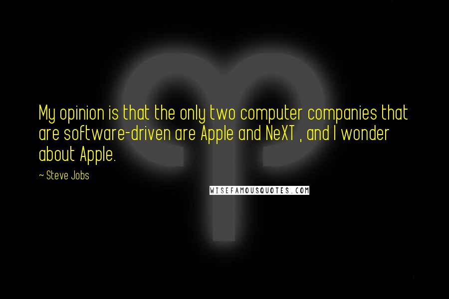 Steve Jobs quotes: My opinion is that the only two computer companies that are software-driven are Apple and NeXT , and I wonder about Apple.