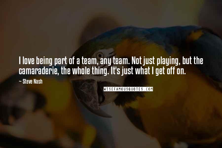 Steve Nash quotes: I love being part of a team, any team. Not just playing, but the camaraderie, the whole thing. It's just what I get off on.