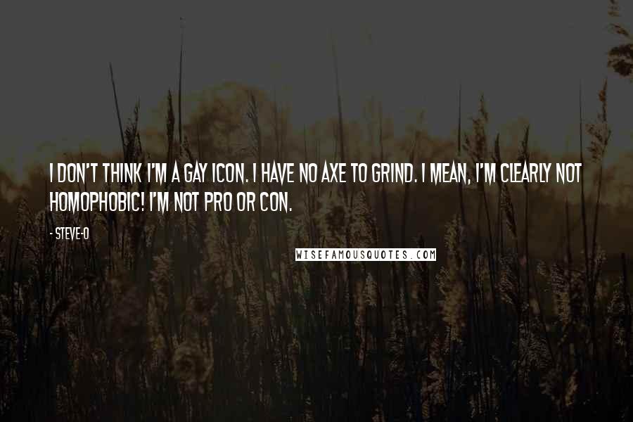 Steve-O quotes: I don't think I'm a gay icon. I have no axe to grind. I mean, I'm clearly not homophobic! I'm not pro or con. Steve-O quotes: I don't think I'm a gay icon. I have no axe to grind. I mean, I'm clearly not homophobic! I'm not pro or con.