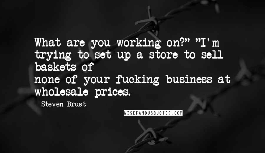 Steven Brust quotes: What are you working on?" "I'm trying to set up a store to sell baskets of none-of-your-fucking-business at wholesale prices.