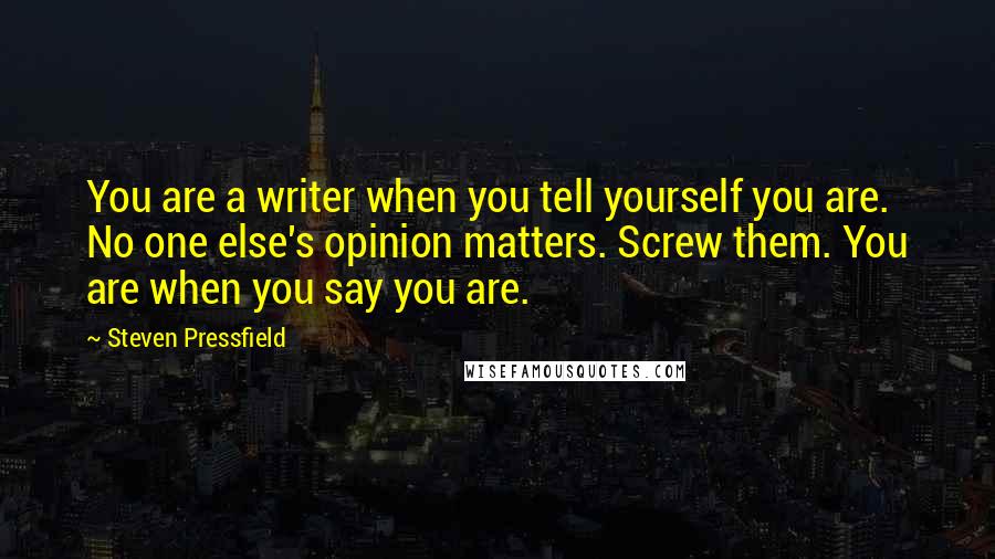 Steven Pressfield quotes: You are a writer when you tell yourself you are. No one else's opinion matters. Screw them. You are when you say you are.