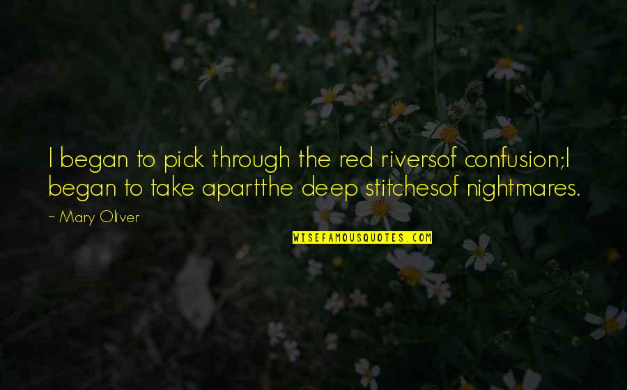 Stitches Quotes By Mary Oliver: I began to pick through the red riversof