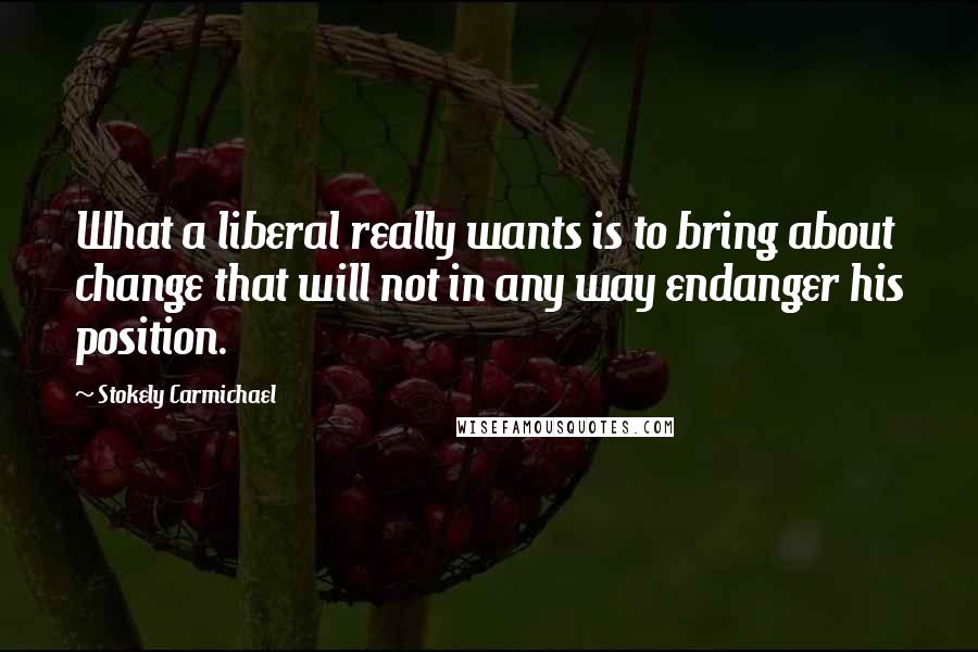 Stokely Carmichael quotes: What a liberal really wants is to bring about change that will not in any way endanger his position.