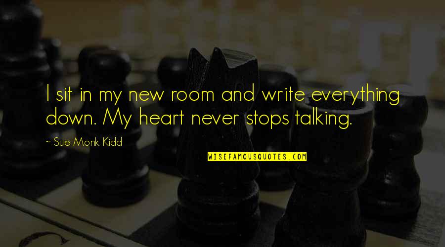 Stops My Quotes By Sue Monk Kidd: I sit in my new room and write