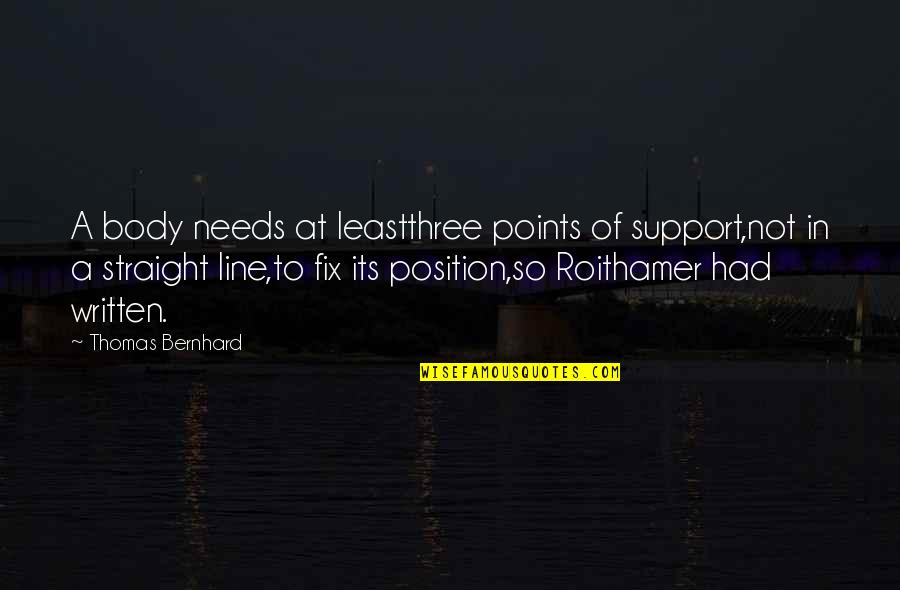 Straight Line Quotes By Thomas Bernhard: A body needs at leastthree points of support,not Straight Line Quotes By Thomas Bernhard: A body needs at leastthree points of support,not