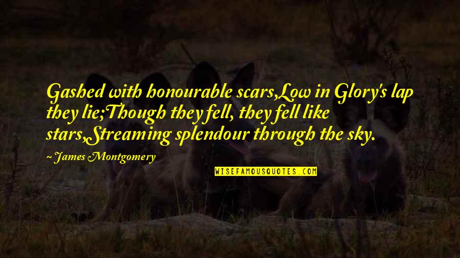 Straight Up Savage Quotes By James Montgomery: Gashed with honourable scars,Low in Glory's lap they Straight Up Savage Quotes By James Montgomery: Gashed with honourable scars,Low in Glory's lap they