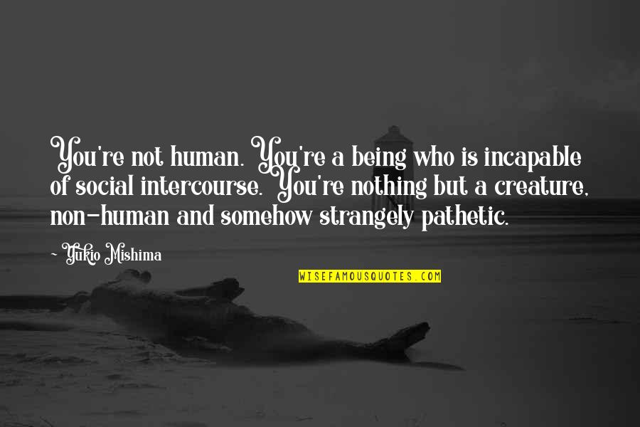 Strangely Quotes By Yukio Mishima: You're not human. You're a being who is Strangely Quotes By Yukio Mishima: You're not human. You're a being who is