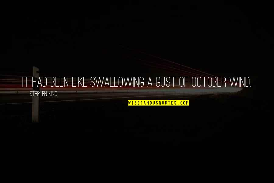 Stranz Van Waldenberg Quotes By Stephen King: It had been like swallowing a gust of Stranz Van Waldenberg Quotes By Stephen King: It had been like swallowing a gust of