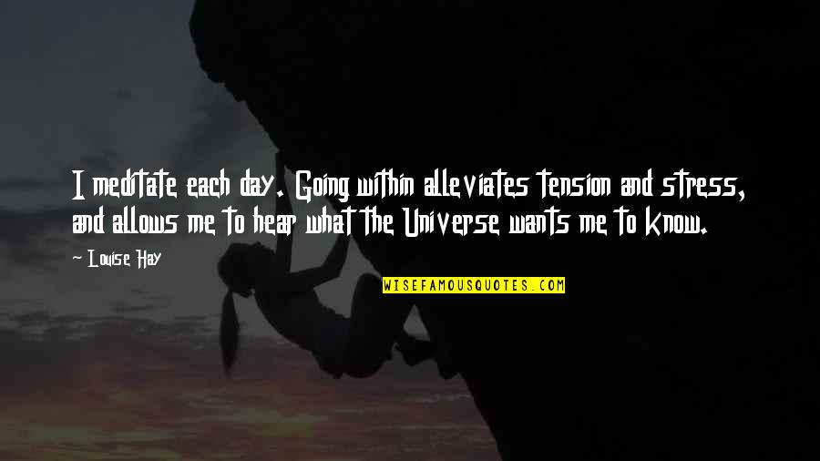 Stress For What Quotes By Louise Hay: I meditate each day. Going within alleviates tension