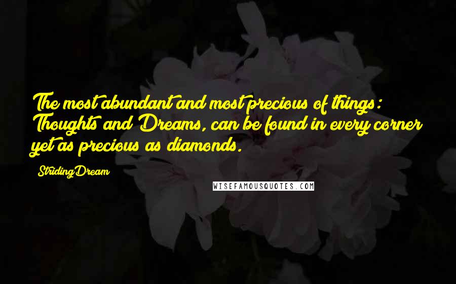 StridingDream quotes: The most abundant and most precious of things: Thoughts and Dreams, can be found in every corner yet as precious as diamonds.