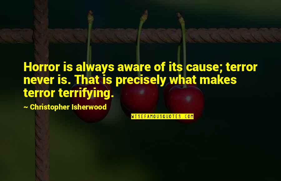 Suatukala Quotes By Christopher Isherwood: Horror is always aware of its cause; terror Suatukala Quotes By Christopher Isherwood: Horror is always aware of its cause; terror