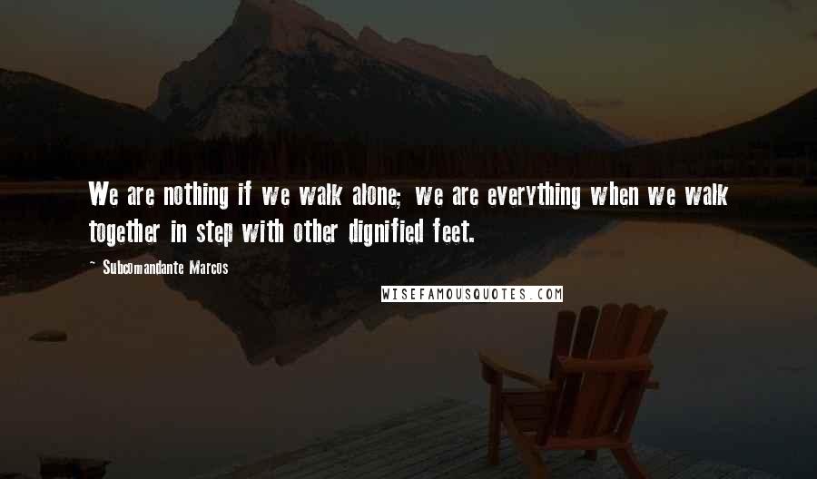Subcomandante Marcos quotes: We are nothing if we walk alone; we are everything when we walk together in step with other dignified feet. Subcomandante Marcos quotes: We are nothing if we walk alone; we are everything when we walk together in step with other dignified feet.
