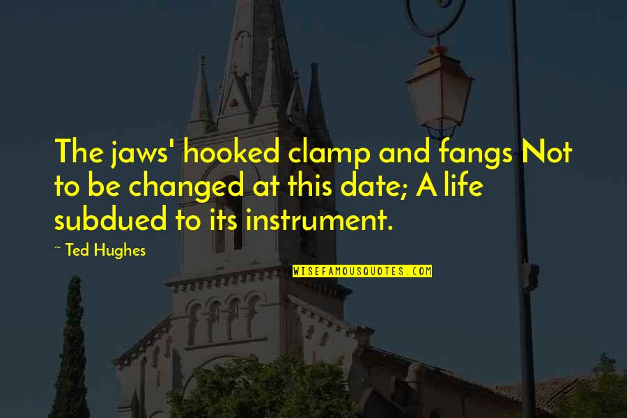 Subdued Quotes By Ted Hughes: The jaws' hooked clamp and fangs Not to