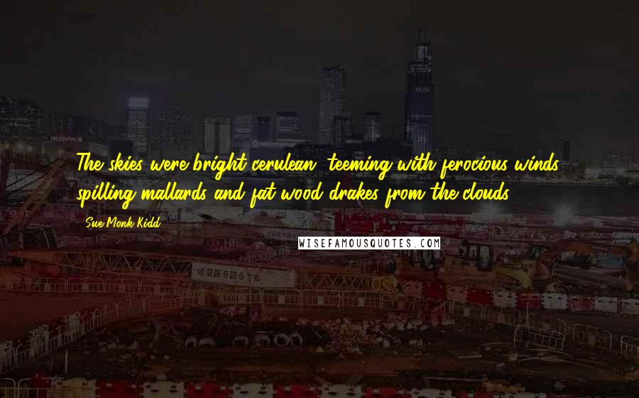 Sue Monk Kidd quotes: The skies were bright cerulean, teeming with ferocious winds, spilling mallards and fat wood drakes from the clouds.