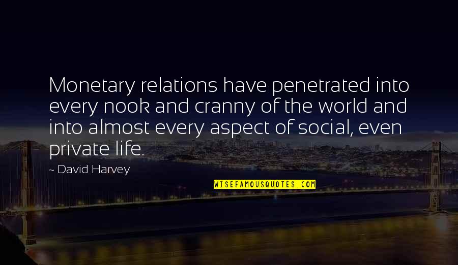 Sukiennik Marlene Quotes By David Harvey: Monetary relations have penetrated into every nook and
