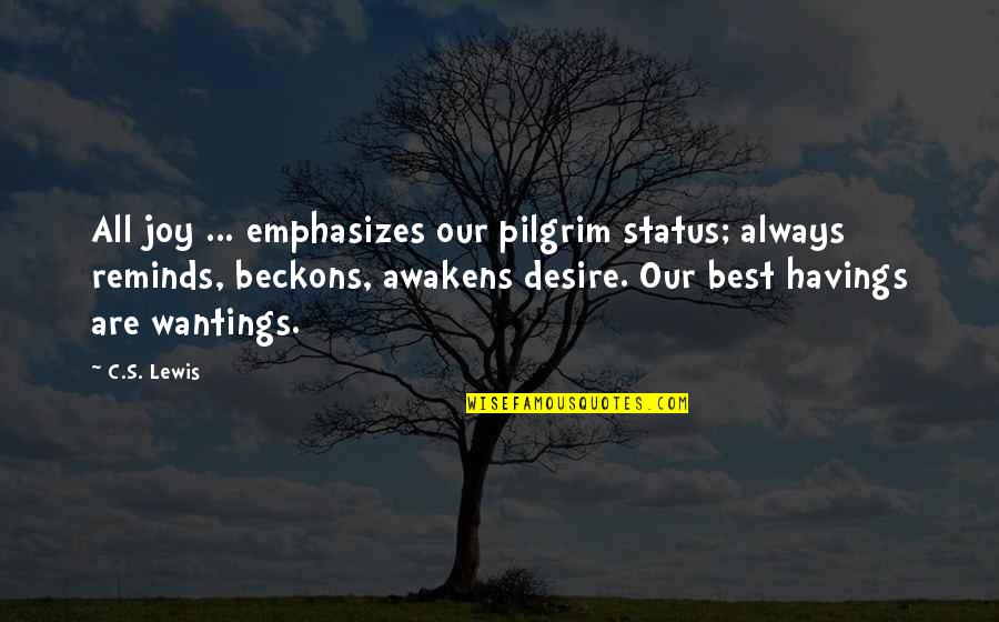 Sullenness Antonym Quotes By C.S. Lewis: All joy ... emphasizes our pilgrim status; always