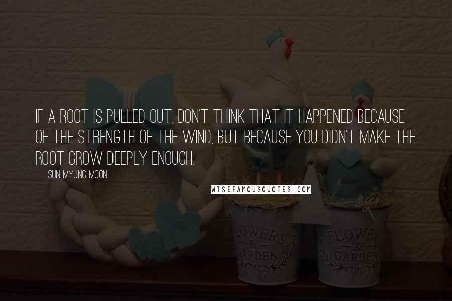 Sun Myung Moon quotes: If a root is pulled out, don't think that it happened because of the strength of the wind, but because you didn't make the root grow deeply enough.