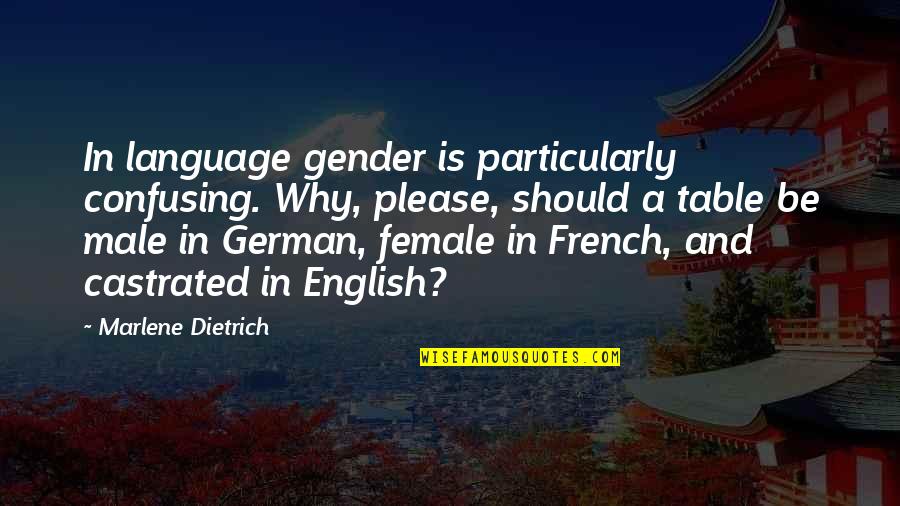 Sundowner Quotes By Marlene Dietrich: In language gender is particularly confusing. Why, please,