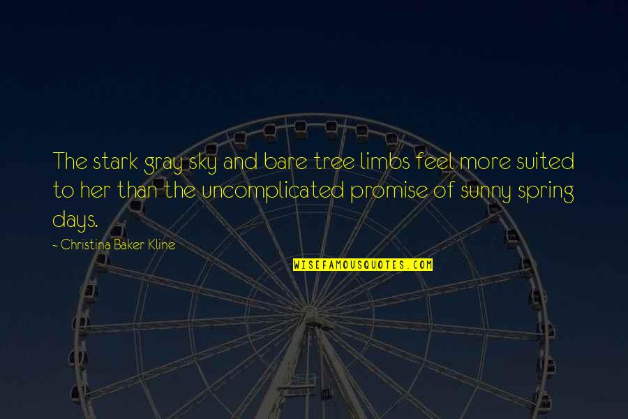 Sunny Spring Quotes By Christina Baker Kline: The stark gray sky and bare tree limbs Sunny Spring Quotes By Christina Baker Kline: The stark gray sky and bare tree limbs