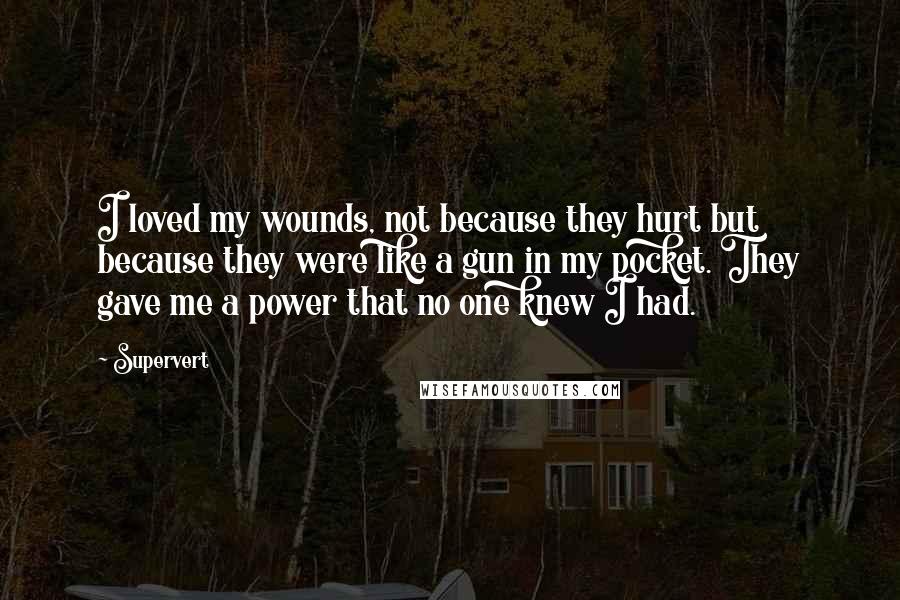 Supervert quotes: I loved my wounds, not because they hurt but because they were like a gun in my pocket. They gave me a power that no one knew I had.