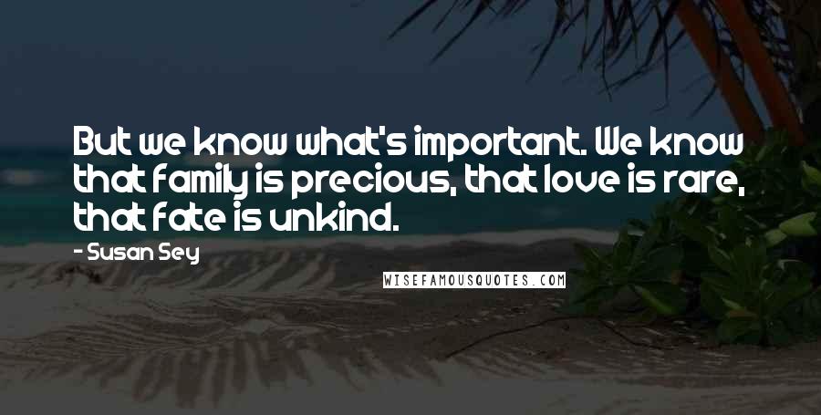 Susan Sey quotes: But we know what's important. We know that family is precious, that love is rare, that fate is unkind.