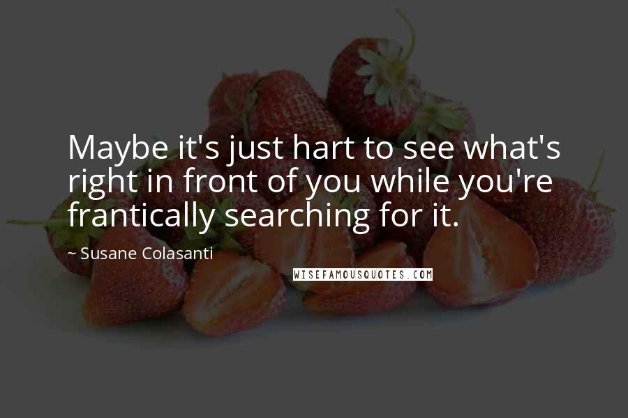 Susane Colasanti quotes: Maybe it's just hart to see what's right in front of you while you're frantically searching for it.