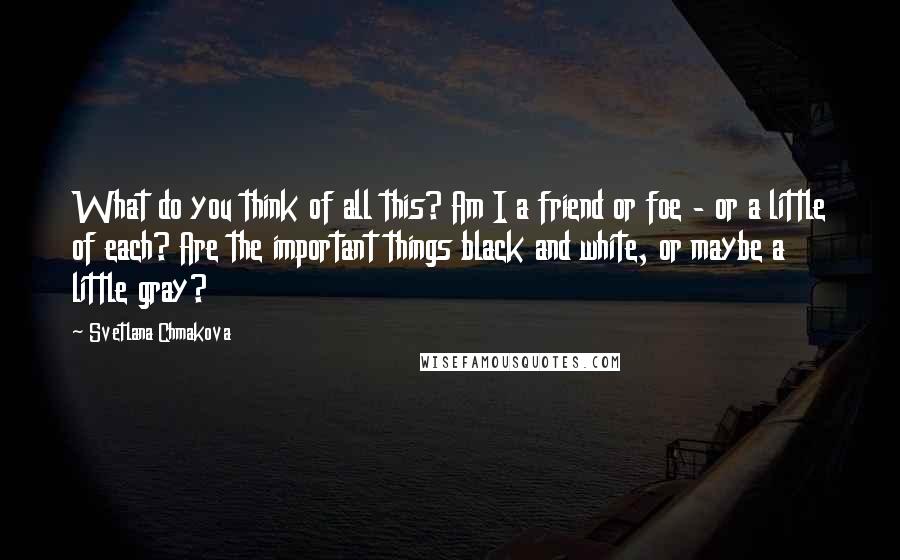 Svetlana Chmakova quotes: What do you think of all this? Am I a friend or foe - or a little of each? Are the important things black and white, or maybe a little