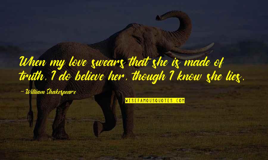 Swears Quotes By William Shakespeare: When my love swears that she is made