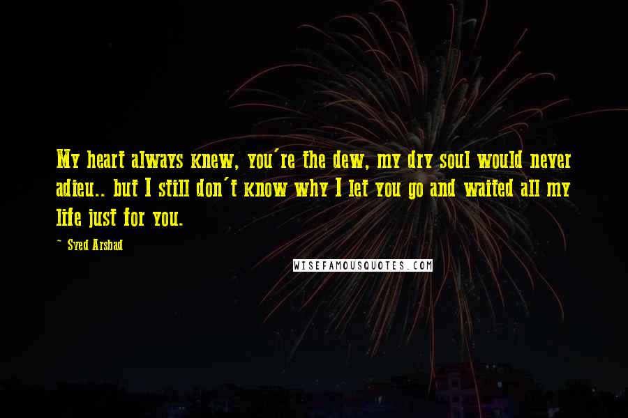 Syed Arshad quotes: My heart always knew, you're the dew, my dry soul would never adieu.. but I still don't know why I let you go and waited all my life just for