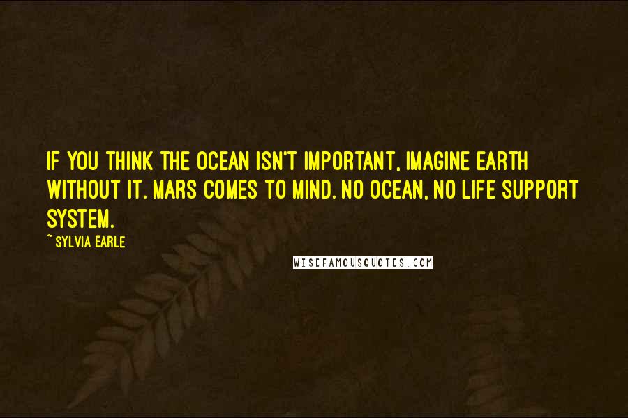 Sylvia Earle quotes: If you think the ocean isn't important, imagine Earth without it. Mars comes to mind. No ocean, no life support system. Sylvia Earle quotes: If you think the ocean isn't important, imagine Earth without it. Mars comes to mind. No ocean, no life support system.