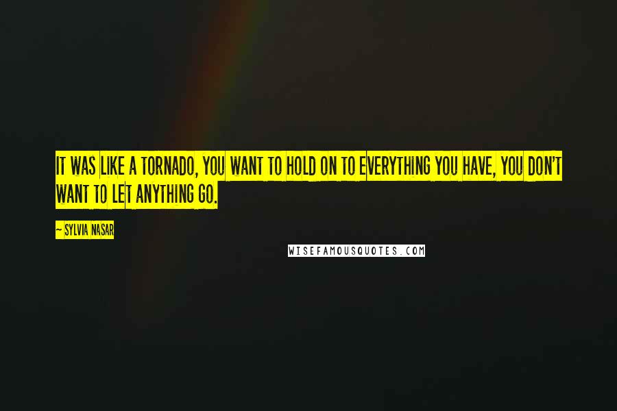 Sylvia Nasar quotes: It was like a tornado, you want to hold on to everything you have, you don't want to let anything go.