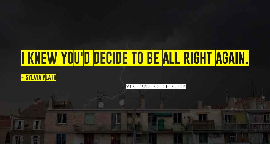 Sylvia Plath quotes: I knew you'd decide to be all right again. Sylvia Plath quotes: I knew you'd decide to be all right again.
